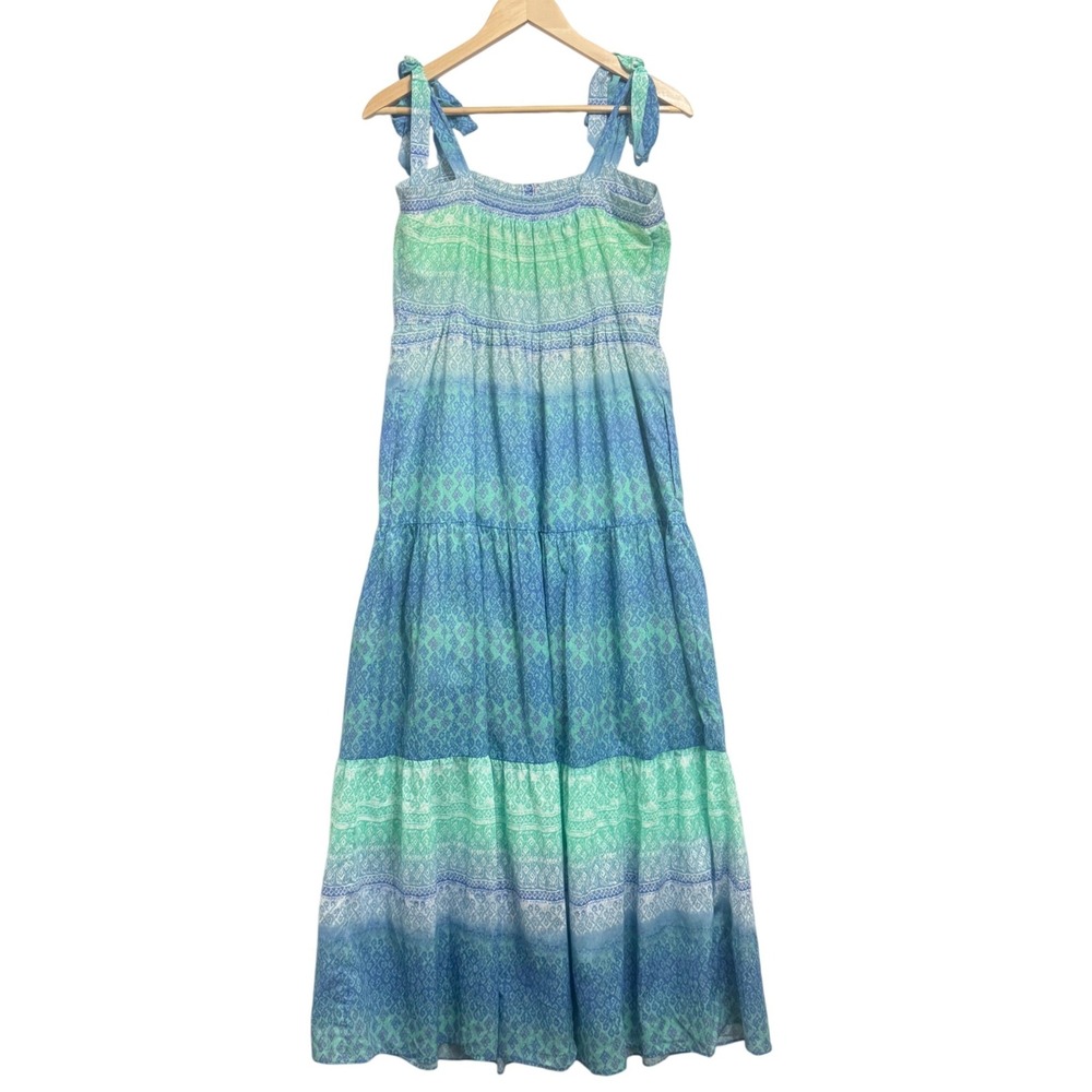 Hale Bob Maxi Dress Womens Small Blue Green Tiered Cotton Tie Strap 21UN6200 - Picture 3 of 8